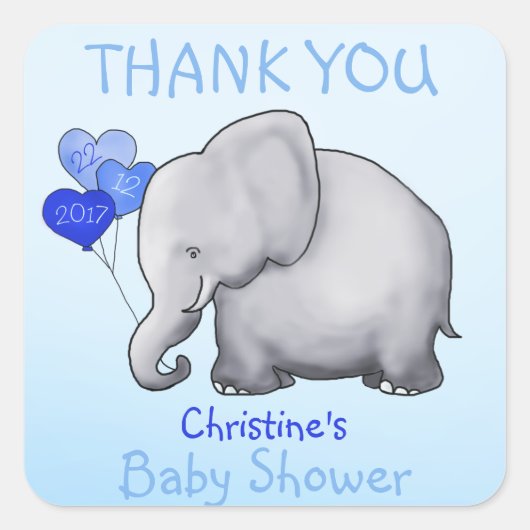 Niedlich Elephant Blue Boy Baby Dusche Vielen Dank Quadratischer Aufkleber (Vorderseite)