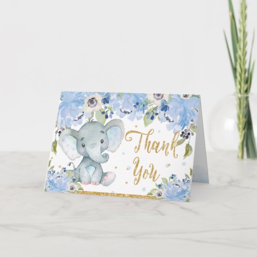 Niedlich Elephant Blue Floral Baby Dusche Dankeskarte (Vorderseite)