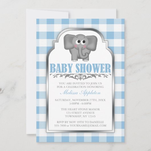 Niedlich Elephant Blue Gingham Baby Shower Einladu Einladung (Vorderseite)
