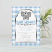 Niedlich Elephant Blue Gingham Baby Shower Einladu Einladung (Stehend Vorderseite)