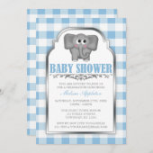 Niedlich Elephant Blue Gingham Baby Shower Einladu Einladung (Vorne/Hinten)