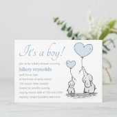 Niedlich Elephant Blue Heart Balloons Boy Baby Dus Einladung (Stehend Vorderseite)