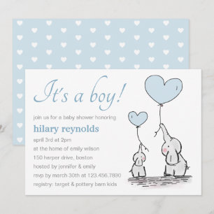 Niedlich Elephant Blue Heart Balloons Boy Baby Dus Einladung