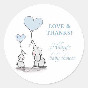Niedlich Elephant Blue Heart Balloons Boy Baby Dus Runder Aufkleber