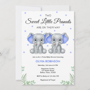 Niedlich Elephant Blue Twin Boys Baby Dusche Einladung