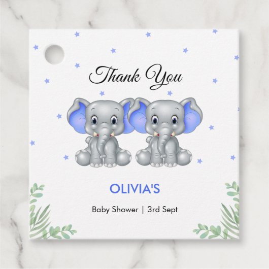 Niedlich Elephant Blue Twin Boys Baby Dusche Geschenkanhänger (Vorderseite)