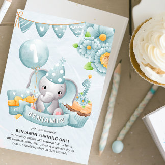 Niedlich Elephant Boy 1. Geburtstag Party Einladung