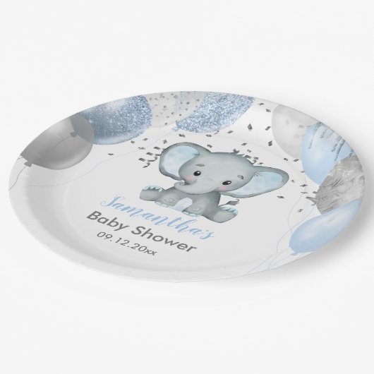 Niedlich Elephant Boy Balloons Babydusche Pappteller (Schrägansicht)