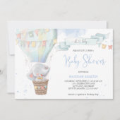 Niedlich Elephant Boy Blue Hot Air Ballon Babydusc Einladung (Vorderseite)