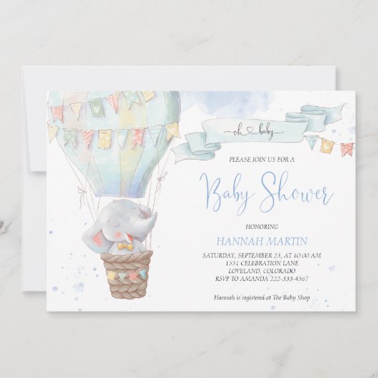 Niedlich Elephant Boy Blue Hot Air Ballon Babydusc Einladung (Vorderseite)