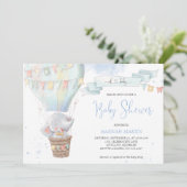 Niedlich Elephant Boy Blue Hot Air Ballon Babydusc Einladung (Stehend Vorderseite)