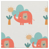 Niedlich Elephant Cloud Tree Sunshine Muster Rot A Stoff (Nahaufnahme)