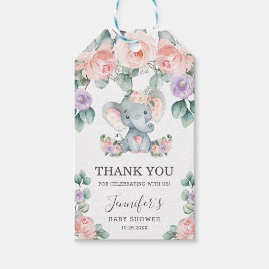 Niedlich Elephant Floral Baby Dusche Vielen Dank f Geschenkanhänger (Vorderseite)