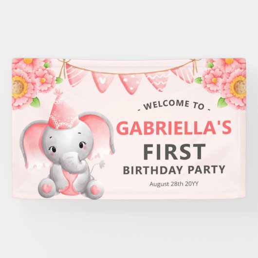 Niedlich Elephant Girl 1. Geburtstag Party Banner (Horizontal)
