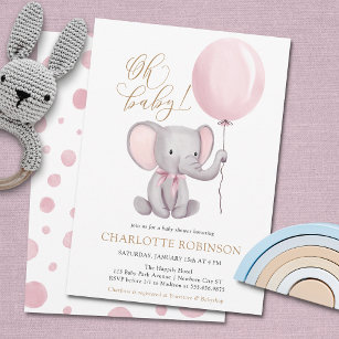 Niedlich Elephant Girl Balloon Babydusche Einladung