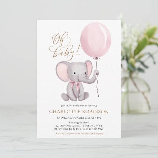Niedlich Elephant Girl Balloon Babydusche Einladung (Stehend Vorderseite)