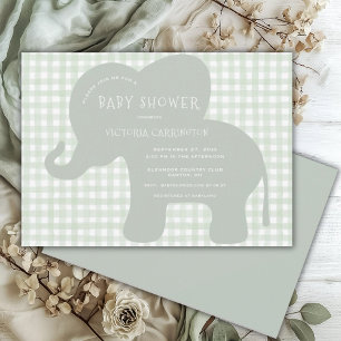 Niedlich Elephant Green Gingham Baby Shower Einladung
