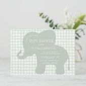 Niedlich Elephant Green Gingham Baby Shower Einladung (Stehend Vorderseite)