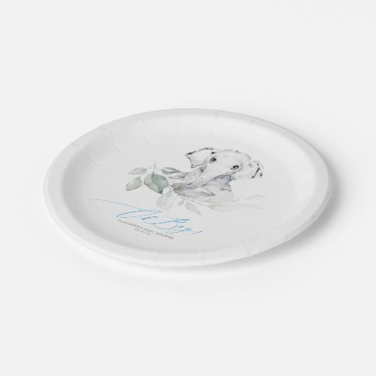 Niedlich Elephant Greenery Oh Boy Baby Dusche Pappteller (Schrägansicht)