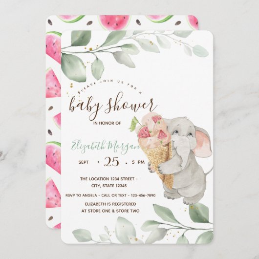 Niedlich Elephant Ice Creme Watermelon Babydusche Einladung (Vorne/Hinten)