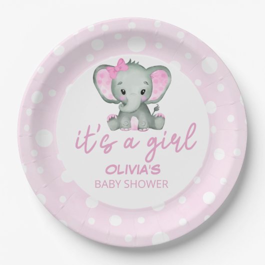 Niedlich Elephant Pink Baby Dusche Pappteller (Vorderseite)