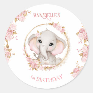 Niedlich Elephant Pink Blume 1. Geburtstagskarte Runder Aufkleber
