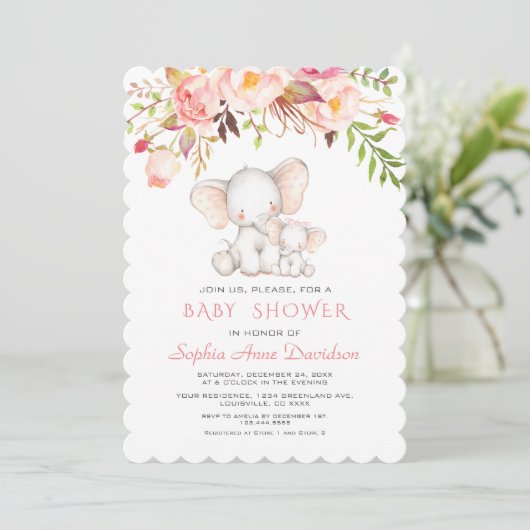 Niedlich Elephant Pink Blume Girl Baby Dusche Einladung (Stehend Vorderseite)