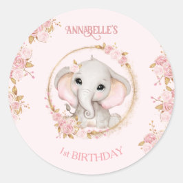 Niedlich Elephant Pink Blume Rose Geburtstagskind Runder Aufkleber