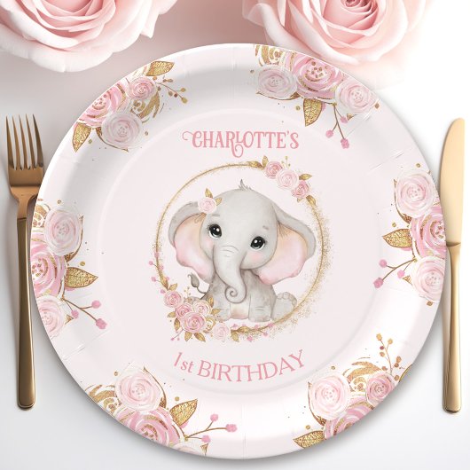 Niedlich Elephant Pink Girl Floral Rose 1. Geburts Pappteller