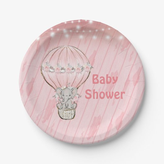 Niedlich Elephant pink Heißluftballon Babydusche Pappteller (Vorderseite)