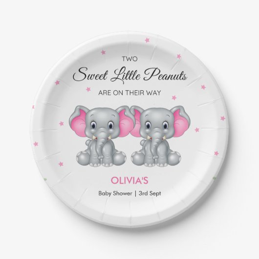 Niedlich Elephant Pink Twin Girls Baby Dusche Pappteller (Vorderseite)