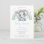 Niedlich Elephant Rainbow Blue Baby Dusche Einladung (Stehend Vorderseite)