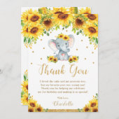 Niedlich Elephant Sonnenblume 1. Geburtstag Party Dankeskarte (Vorne/Hinten)