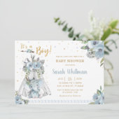 Niedlich Elephant Tribal Blue Gold Boy Baby Dusche Einladung (Stehend Vorderseite)