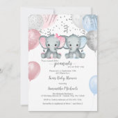 Niedlich Elephant Twin Balloon Babydusche Einladung (Vorderseite)