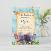 Niedlich Elephant Twins Baby Dusche Blue Floral Einladung (Stehend Vorderseite)