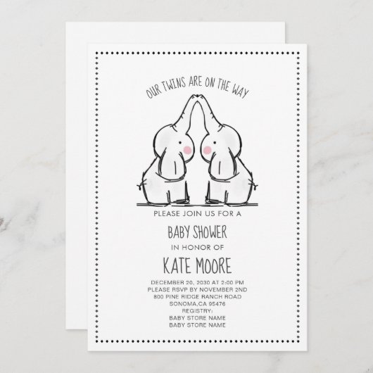 Niedlich Elephant Twins Baby Dusche Einladung (Vorne/Hinten)