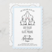 Niedlich Elephant Twins Baby Shower Blue Baby Boy Einladung (Vorne/Hinten)