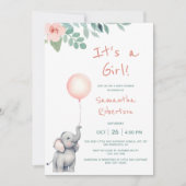 Niedlich Elephant Watercolor Ballon Pink Baby Dusc Einladung (Vorderseite)