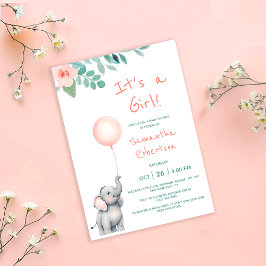 Niedlich Elephant Watercolor Ballon Pink Baby Dusc Einladung