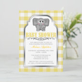 Niedlich Elephant Yellow Gingham Baby Dusche Einladung (Stehend Vorderseite)