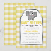 Niedlich Elephant Yellow Gingham Baby Dusche Einladung (Vorne/Hinten)