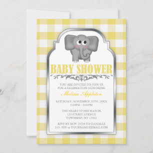 Niedlich Elephant Yellow Gingham Baby Dusche Einladung