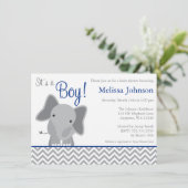 Niedlich Elephant Zickzack Navy Blue Baby Dusche Einladung (Stehend Vorderseite)