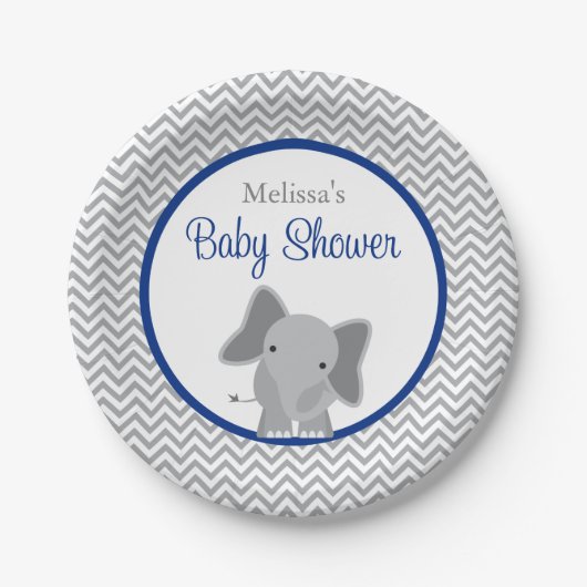 Niedlich Elephant Zickzack Navy Blue Baby Dusche Pappteller (Vorderseite)