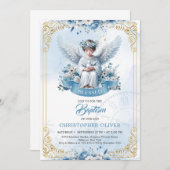 Niedlich Engelblau Blumen Goldrahmen Junge Taufe Einladung (Vorne/Hinten)