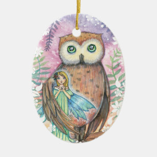 Niedlich Fairy and Owl Fantasy Art von Molly Harri Keramik Ornament