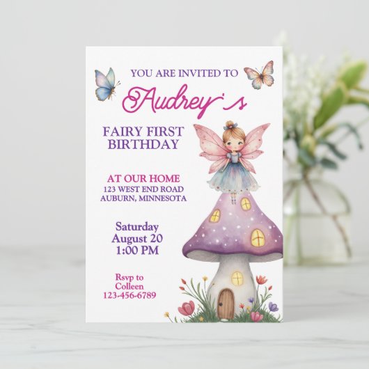 Niedlich Fairy First Geburtstag Einladung (Stehend Vorderseite)