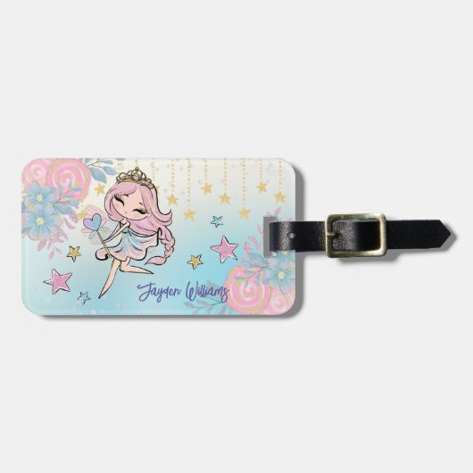 Niedlich Fairy Pink Girl Individuelle Name Kinder Gepäckanhänger (Vorderseite horizontal)