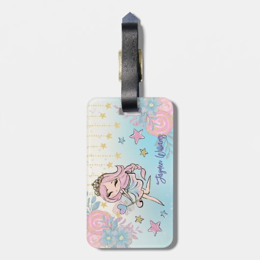 Niedlich Fairy Pink Girl Individuelle Name Kinder Gepäckanhänger (Rückseite vertikal)